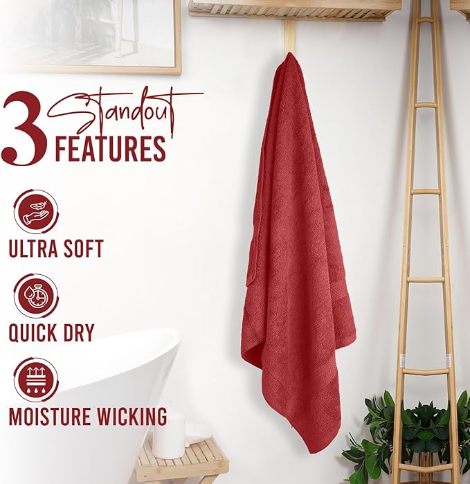 RIVERSIDE 100% Ring Spun Cotton Large Bath Towels Set of 4, 27 x 54 Inches – Quick Dry, Soft & Highly Absorbent Towels for Shower & Bathroom – Luxury 600 GSM Towels for Home, Spa, Gym, Hotel, Red
