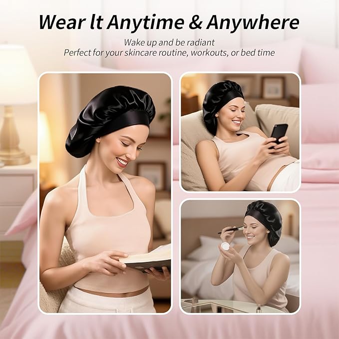 5 Pack Satin Bonnet for Women, 30cm Adjustable No-Slip Sleep Cap for Curly Hair, Breathable Head Wrap for Sleeping & Skincare