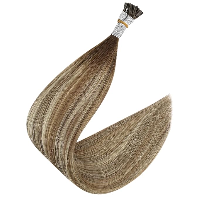 Full Shine Itip Human Hair Extensions Medium Brown to Ash Brown and Honey Blonde 16 Inch 40 Grams I Tip Hair Extensions Human Hair Invisible Fusion Extensions Straight Hair