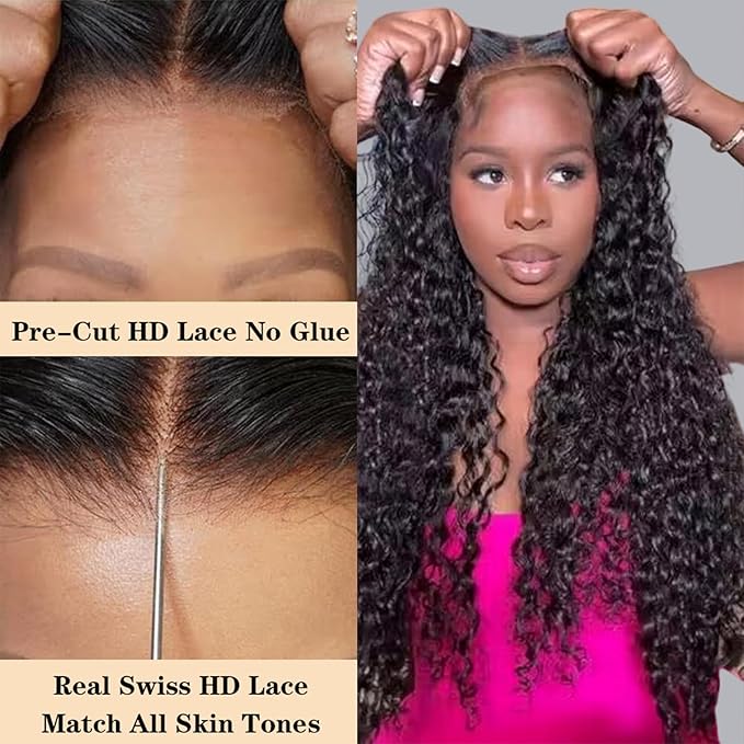 Wear and Go Glueless Wigs Human Hair Pre Plucked Pre Cut 5x5 HD Closure Wigs Human Hair Deep Wave Lace Front Wigs for Black Women 210% Dentisy 12A Deep Curly Glueless Wig Bleached Knots (34 Inch)