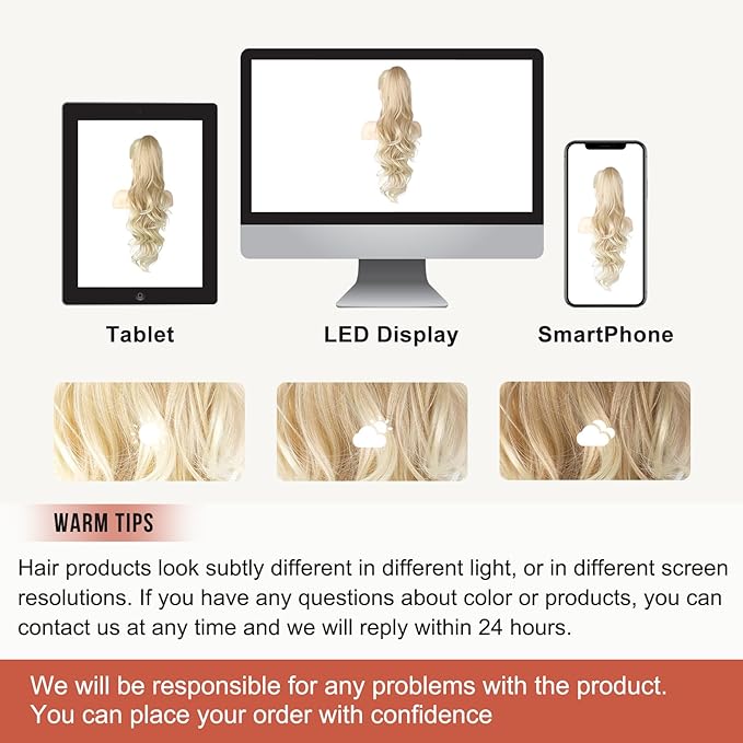 Flufymooz 26" Ponytail Extension, Long Wavy Curly Claw Clip in Ponytail Hair Extensions, Natural Synthetic Hairpiece for Women Daily Wear(Blonde to Light Blonde)