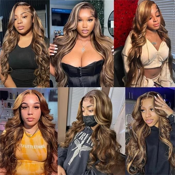 Highlight Ombre Lace Front Human Hair Wig - Pre-Plucked Body Wave 4/27 Colored Honey Blonde - 13x4 HD Lace Frontal 180 Density Glueless for Women - 24 Inch