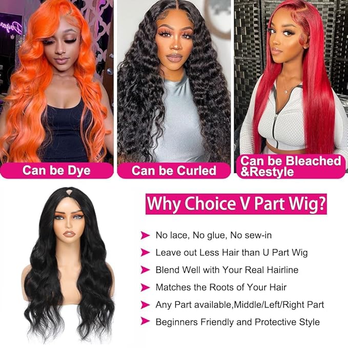 V Part Wig Human Hair Body Wave Upgrade U Part Human Hair Wig With Clips Glueless Wigs Human Hair Beginner Friendly V Shape Clip In Half Wigs for Women No Leave Out 180% Density 34 Inch