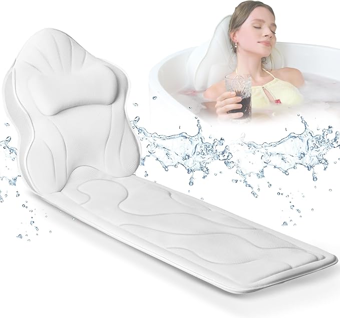 Luxury Thick Full Body Bath Pillows Mat & Cushion for Bathtub Headrest Neck Shoulder Support Comfort Relaxation Spa Accessories Perfect for a Spa Soak in Bathtub (White)