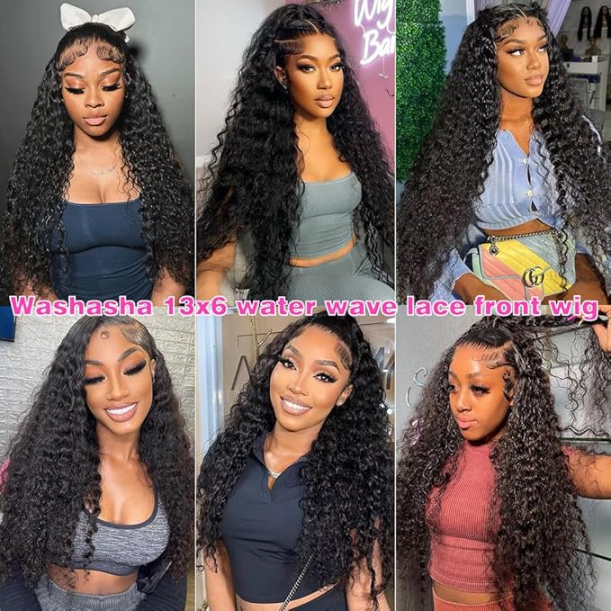 Washasha 36 Inch Water Wave 13x6 HD Lace Front Wigs Human Hair 200 Density Lace Frontal Wig Human Hair Pre Plucked with Baby Hair Deep Part Curly Wig for Women