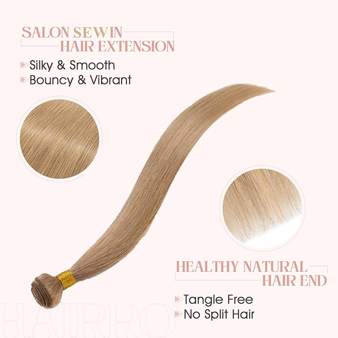Hairro Sew in Hair Extensions Real Human Hair, 100g/bundle Weave Weft for Women Adding Volume and Length, for DIY Beauty Dating Party, 18 Inch One Bundle Straight Dark Blond