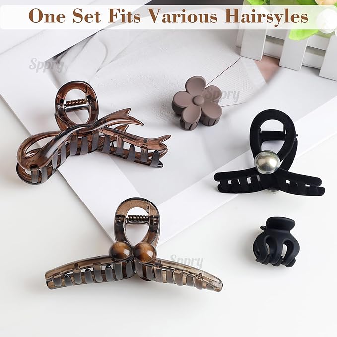 Classic Assorted Hair Claw Clips for Women Thick/Thin Hair, Set of 5, Brown & Black (01)