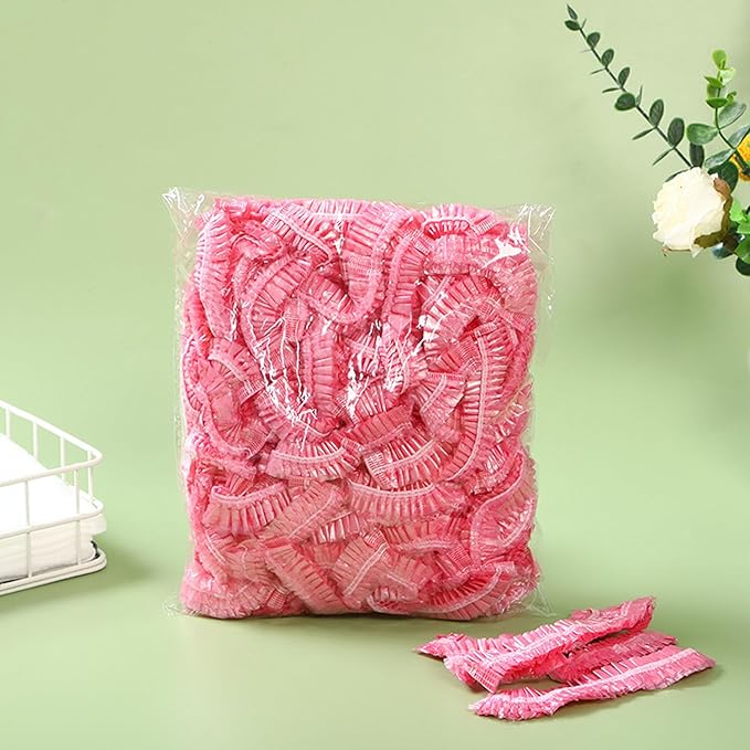 200 PCS Disposable Shower Caps Thickened Waterproof Hair Bath Caps for Women Men Girls Travel Spa Hotel Home Use Salon - Multi-Purpose Elastic Plastic Shower Caps, Essentials Accessories 18.1" (Pink)