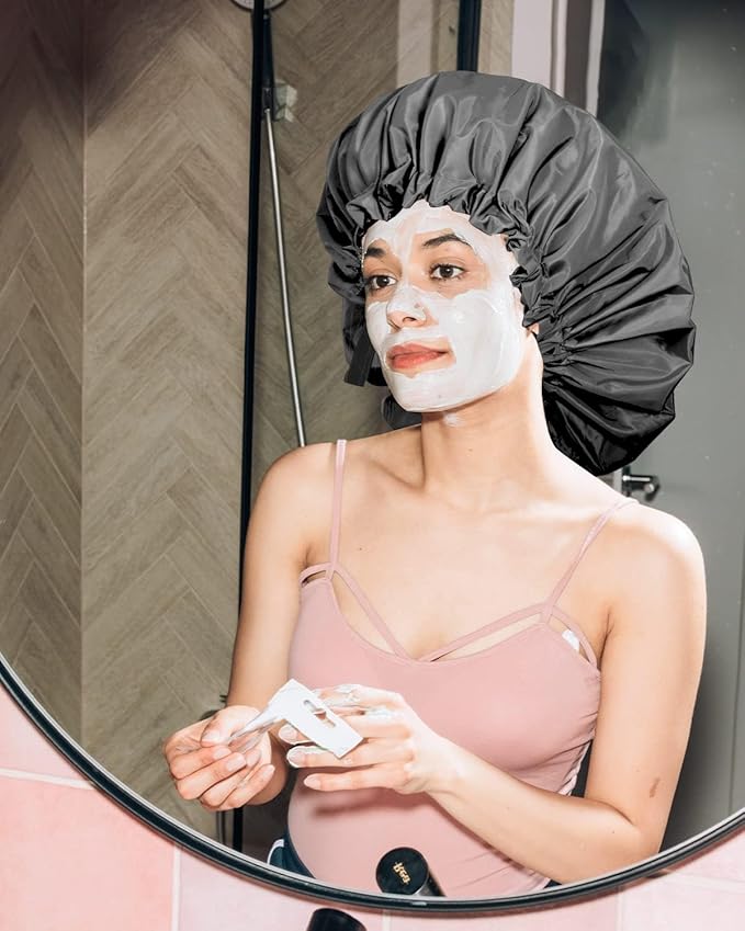 Aquior Shower Cap for Women, Extra Adjustable Shower Caps for Women Double-Layer Waterproof Reusable Hair Cap, Large Size Hair Cap for All Hair,for Girls Spa Bath,Soft and Comfortable (Back)