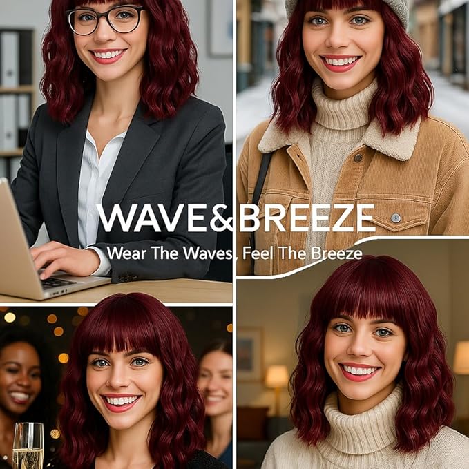 WAVE&BREEZE Red Wig with Bangs Short Curly Bob Wine Red Wigs for Women 14 Inch Shoulder Length Natural Looking Hair Replacement Wigs for Cosplay Party Use