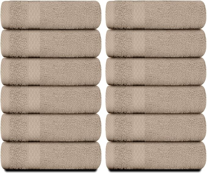White Classic Luxury Cotton Washcloths 13x13 Inch - 650 GSM Turkish Cotton | Hotel, Spa, Bathroom Face Towel | 12 Pack, Taupe