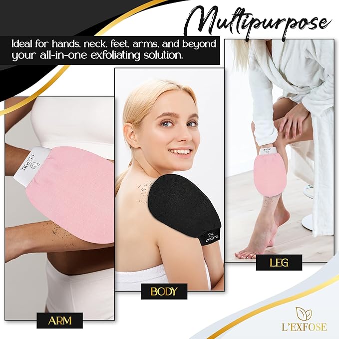 L'Exfose Kessa Hammam Deep Exfoliating Glove for Shower - Korean Exfoliating Mitt Body Scrubber Ideal for Dead Skin Remover, Keratosis Pilaris & Self-Tanning (Black & Pink)