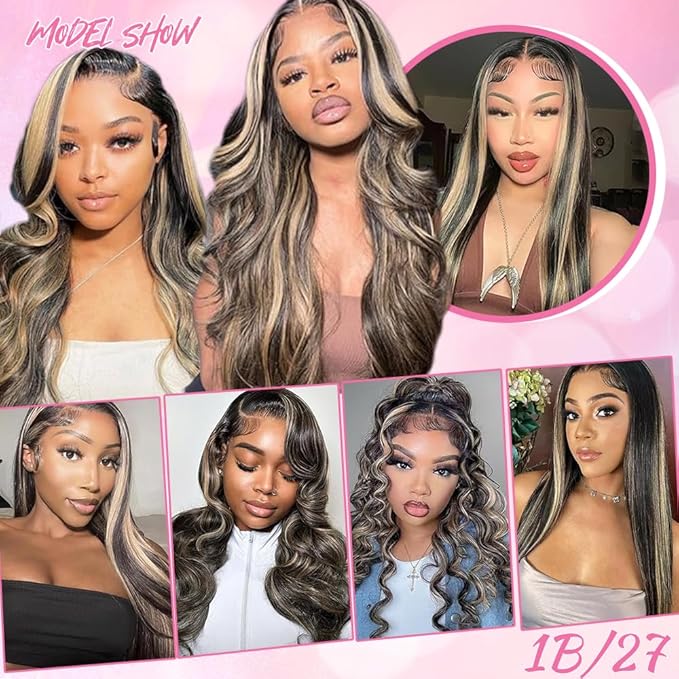 Ombre Glueless Wigs Human Hair Pre Plucked Pre Cut 5x5 Hd Lace Closure Wigs Human Hair 32 Inch 1B/27 Colored Highlight Body Wave Wigs 250% Density Glueless Wigs for Beginners