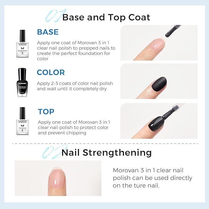 Morovan Base Coat Nail Strengthener: 3 IN 1 Nail Growth Top Coat Clear Quick Dry Nail Polish Strong Repairs Damaged Nail Hardener Long Lasting Shine No Chip Fingernail Treatment Care for Women Girls