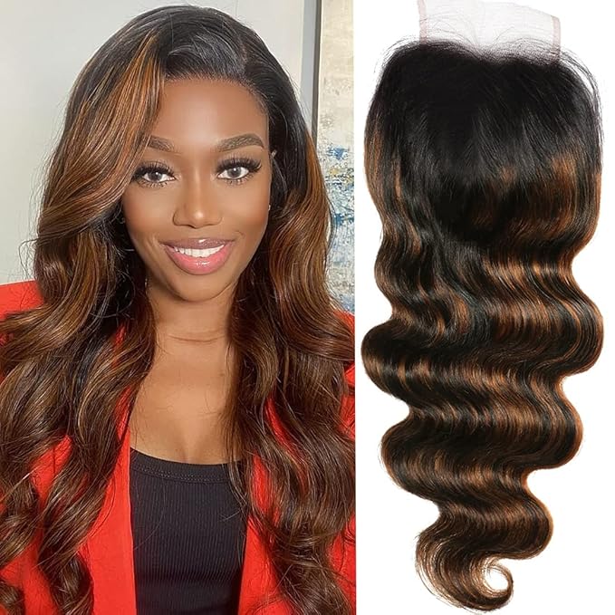 UNICE Ombre Body Wave Human Hair 4x4 Lace Closure Free Part, Brazilian Human Remy Hair Brown Higlight Closure with Dark Roots FB30 Color 16 inch