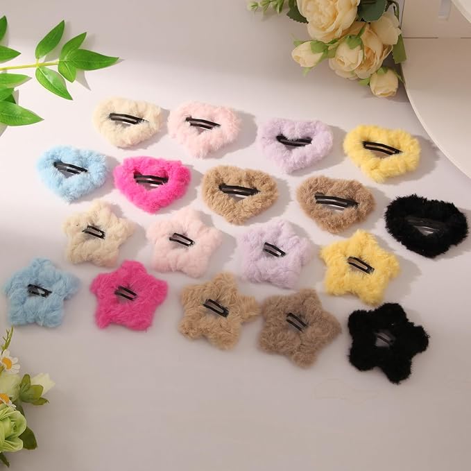 18PCS Velvet Star and Heart Hair Clips, Cute Non-Slip Hair Barrettes, for Women and Girls Hair Styling Accessories, 9 Colors