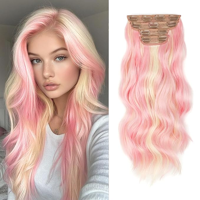 Vigorous Clip in Long Wavy Synthetic Hair Extension 4PCS Light Pink mix Blonde Hair Extensions 20Inch Easy to Install for Daily Use and Event Party Use