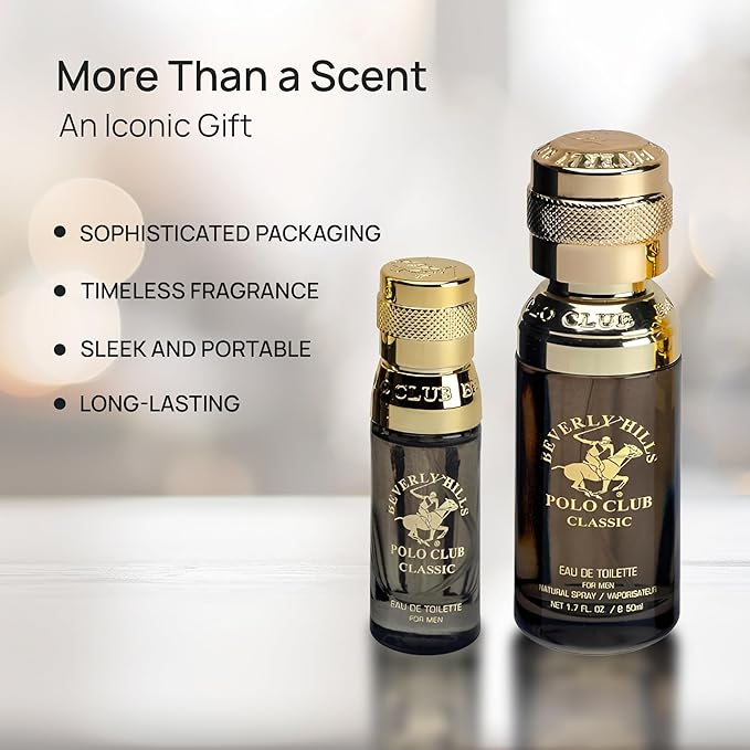 Beverly Hills Polo Club Men's Classic Eau De Toilette Bonus Pack - 1.7 oz EDT + Travel 0.5 oz Cologne Spray for Him - Long Lasting, Authentic Scent
