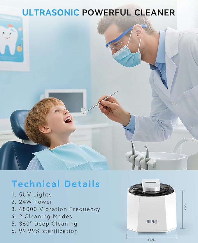 SUNPOW Ultrasonic Retainer Cleaner - 48kHz Retainer Cleaner Machine with 5 UV Lights for Dentures,Night Guards, Mouth Guards- 220ML Dental Cleaning Pod Upgrade Design