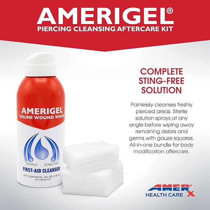 AMERIGEL Piercing Cleansing Aftercare Kit- Saline Wound Wash (4 oz.) + 2x2” Gauze Pads (Qty. 30) | Sterile Cleansing | Sterile Solution | Body Piercing | Body Modification | Portable and Compact