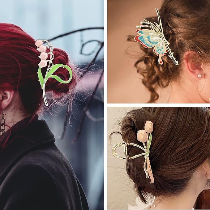 3-Piece Floral Metal Hair Accessories: Butterfly, Lily, Tulip Barrettes with Strong Hold and Non-Slip Design for Thin to Thick Hair