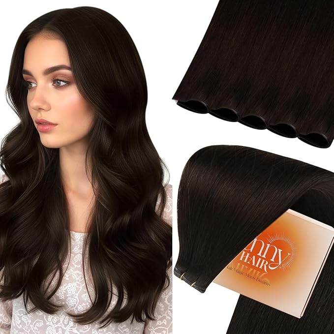 Sunny Hair Genius Sew in Hair Extensions Darkest Brown Long Straight Weft Real Hair Silky Extensions Straight with Thick Ends 20inch 70g
