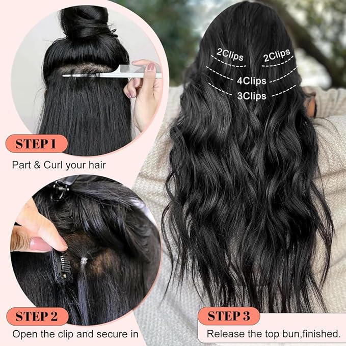 ALXNAN Clip in Long Wavy Hair Extension 20 Inch Chocolate Brown to Honey Blonde Hair Extensions 4PCS Thick Hairpieces Fiber Double Weft Hair for Women