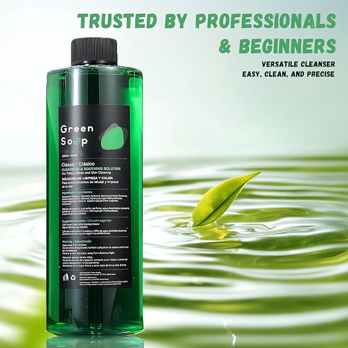 Green Soap Tattoo Cleaner Kit 8.5oz Ultra Concentrated Tattoo Soap + 8.5oz Squeeze Bottle โ Professional Skin Prep & Piercing Aftercare for Tattooing Artists & Beginner