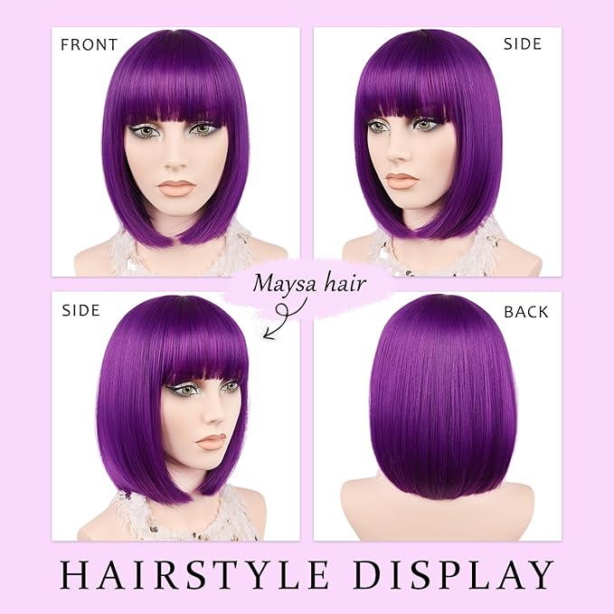 MAYSA Purple Bob Wig with Bangs for Women Short Straight Bob Wigs 12in Synthetic Cosplay Daily Party Colorful Neon Wigs # Dark Purple