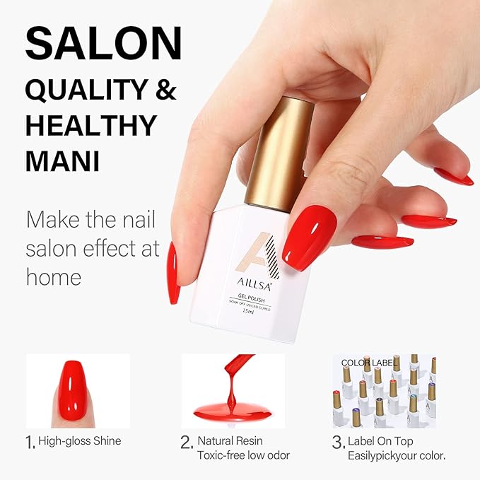 AILLSA Red Gel Nail Polish Ruby Red Gel Polish Bright Rose Color Polish Apple Candy Nails Long Lasting Soak Off U V Gels Nail Polish Nail Art Manicure Salon at Home 0.51 Fl Oz