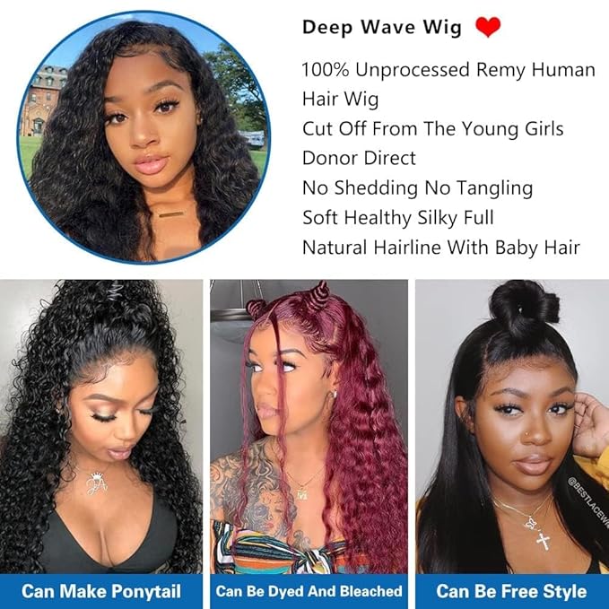 Pre Plucked Deep Wave Frontal Wig HD Transparent Lace Front Wigs Human Hair 13x4 Lace Frontal Wigs For Black Women Brazilian Virgin Deep Curly Lace Front Wigs Human Hair with Natural Hairline 26 inch
