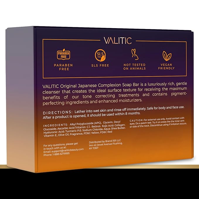 VALITIC 4 Pack Kojic Acid Dark Spot Corrector Soap Bars with Vitamin C, Retinol, Collagen, Turmeric - Original Japanese Complex - Hyaluronic Acid Bundle with 2 Black Exfoliating Gloves for Body Scrub