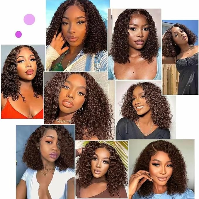 13x4 Chocolate Brown Lace Front Wigs Human Hair 12 Inch HD 4# Colored Kinky Curly Bob Dark Brown Wig Human Hair Pre Plucked for Black Women 150% Density