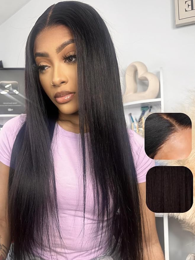 Julia Hair Pre Everything Glueless Wig Human Hair Yaki Straight 13x4 HD Lace with Ear Tape Bye Bye Knots Lace Front Wigs for Women Pre Bleached Invisible Knots Put On and Go Wig 24 Inch
