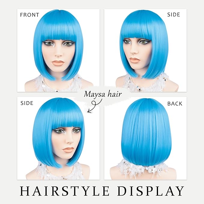 MAYSA Blue Bob Wig With Bangs Short Straight Bob Wigs 12Inch Synthetic Colorful Cosplay Daily Party Neon Wigs for White Women # Light Blue
