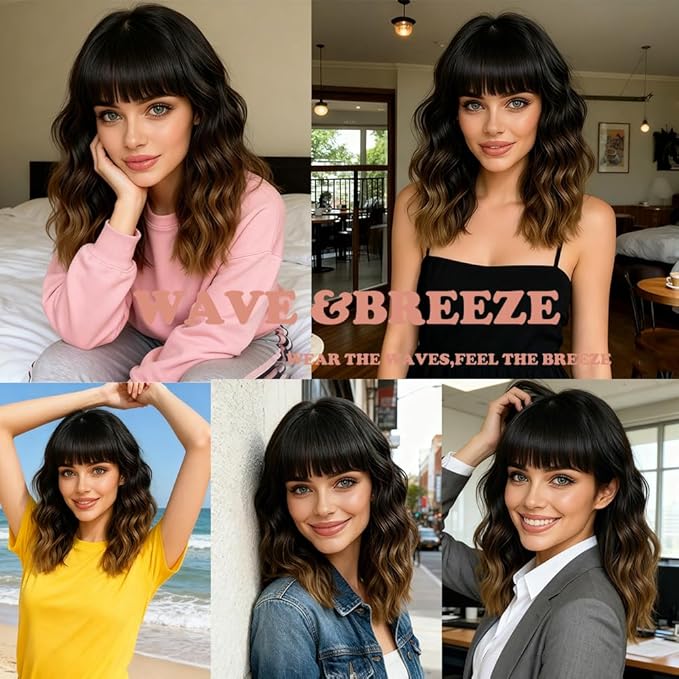 WAVE&BREEZE Short Brown Wigs with Bangs 14Inch Ombre Brown Curly Bob Wig for Women Shoulder Length Natural Looking Hair Replacement Wig for Daily Party Use Cosplay Costume Halloween Wig
