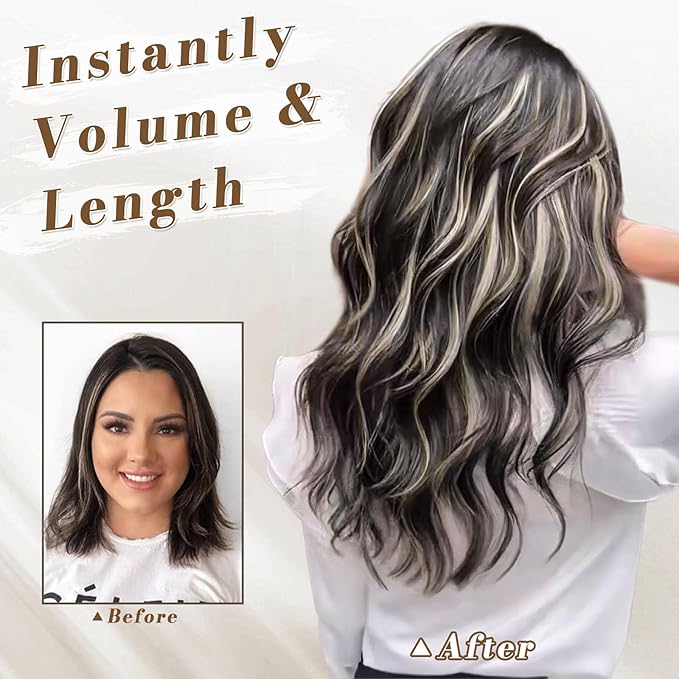 BARSDAR Short Wavy Clip in Hair Extensions - 14'' Highlight Hair Extensions Clip in for Women - 5PCs Thick Soft Synthetic Loose Wavy Clip in Hairpieces – Chocolate Brown with Highlights