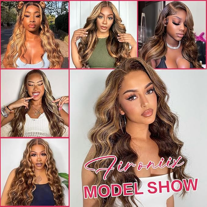 34 Inch Ombre Lace Front Wig Human Hair 180 Density 13x6 Highlight Wig Human Hair 4/27 Body Wave Lace Front Wigs Pre Plucked Glueless HD Lace Frontal Wig