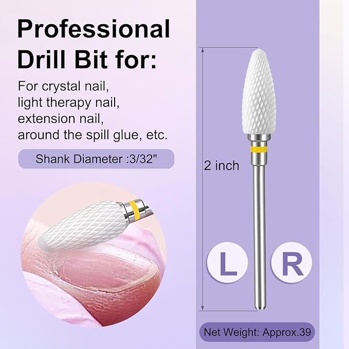 Fantexy 3/32" Ceramic Nail Drill Bit - Remove Acrylic Hard Gels Quickly and Safely,White Ceramic Cone File Bit for Nail Art,Manicure,Pedicure,Gel,Cuticle Clean(Extra Fine - XF)