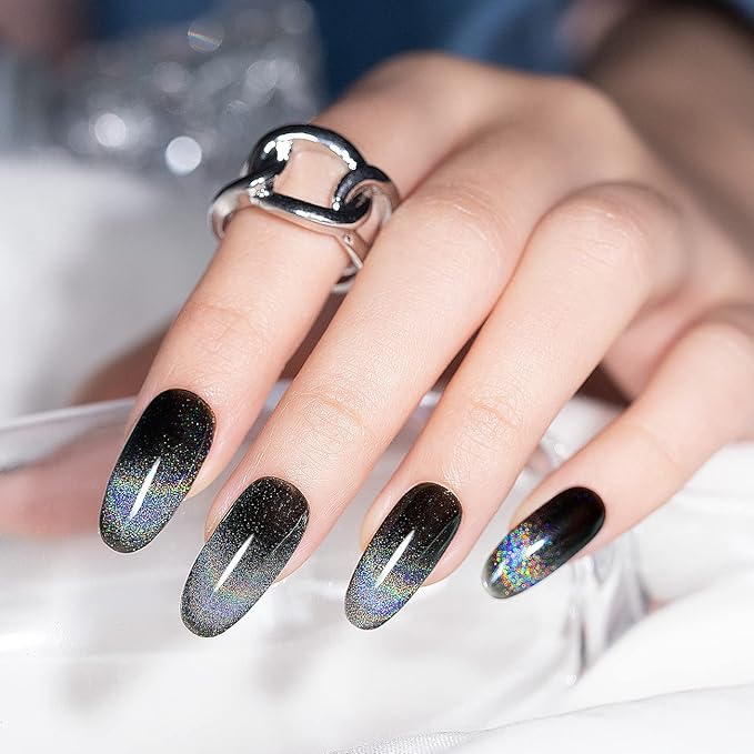 RARJSM Cat Eye Gel Nail Polish, Galaxy Chameleon Magnetic Gelpolish Black Holographic Glitter Gel Soak Off UV LED DIY Manicure Art for Salon Designs and Home DIY 7.5ML/0.26fl oz