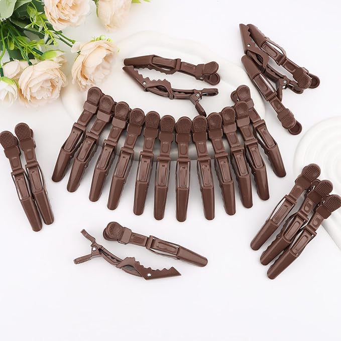 24 Pack Alligator Hair Clips for Styling, Sectioning Crocodile hair Clips Professional Barber Accessories for Salon of Thick Curly Volume Hair (Brown)