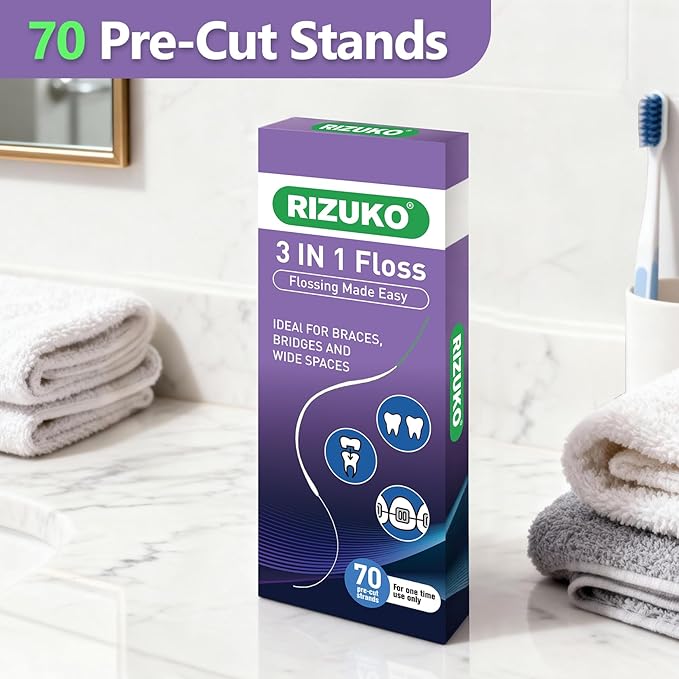 Dental Floss for Braces, 3-in-1 Dental Floss for Bridges, Implants, Deep Cleaning 70 Pre-Cut Strands (Pack of 3)