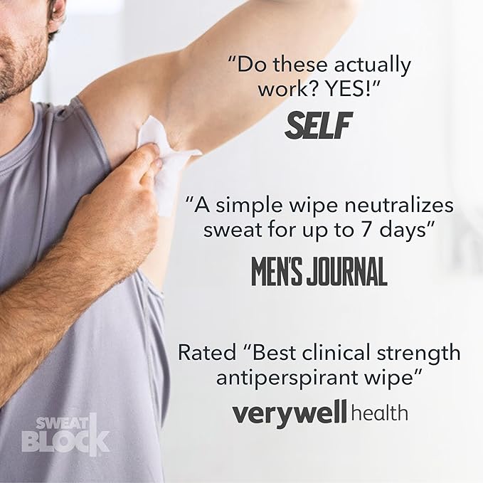 SweatBlock Clinical Strength Antiperspirant Wipes for Men Women Excessive Sweat Protection Hyperhidrosis Treatment Stops Underarm Perspiration Up to 7 Days Includes 10 Individually Wrapped Sweat Wipes