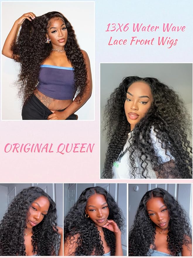 ORIGINAL QUEEN 13x6 Water Wave Lace Front Wigs Human Hair Pre Plucked Pre Bleached Knots Deep Curly Human Hair Wigs for Women 13X6 Lace Frontal Wig 200% Density Natural Color 26Inch