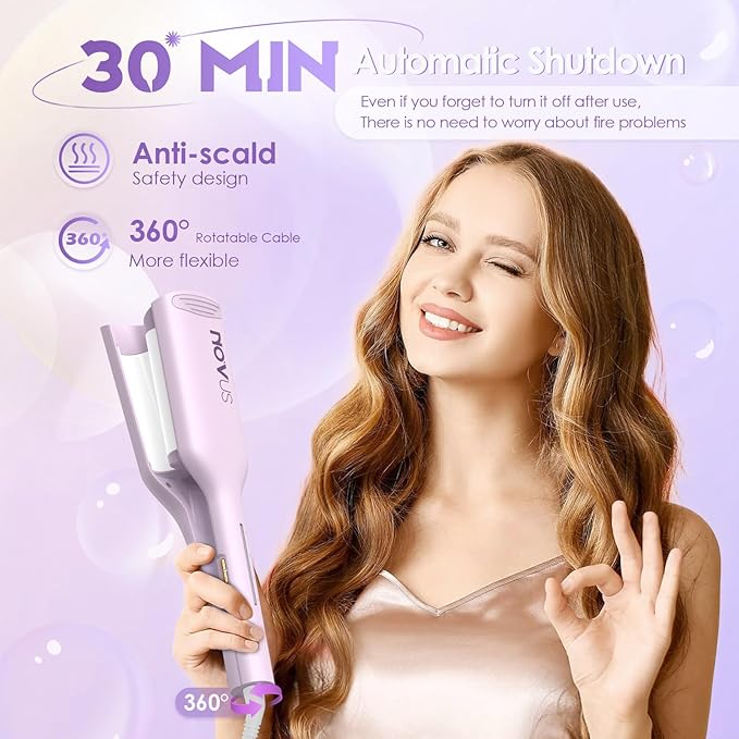 NOVUS Curling Iron Hair Crimper Waver - 1.25 Inch Anti-Scald Waves Curling Wand, Ionic Deep Waver Hair Curler Tool with Ceramic 2 Barrel for All Hair Types, Auto Shutdown Protection
