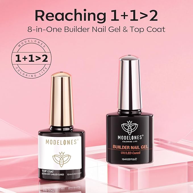 modelones Builder Nail Gel with Gel Top Coat, 8-In-One Nude Pink Builder Acid Free Top Coat for Color Rubber Base Nail Polish Thickening Apex Building Shine Finish, LED Lamp Cured 10ml Home DIY Salon