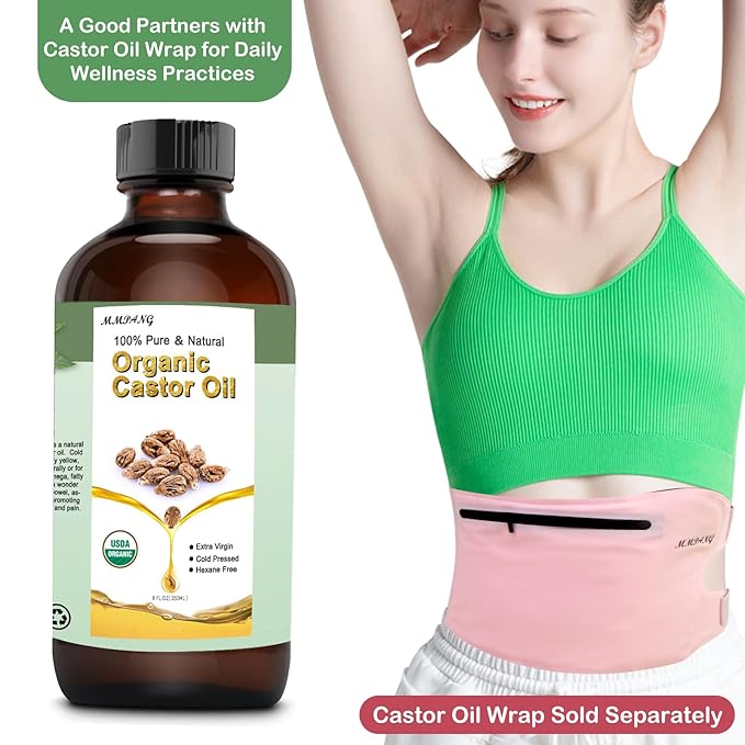 Organic Castor Oil for Hair Body Lashes Brow,USDA Certified 100% Pure Natural Glass Bottle, Cold Pressed, Hexane Free. Castor Oil for Hair Growth, Thicker Fuller Brows, 8.45oz