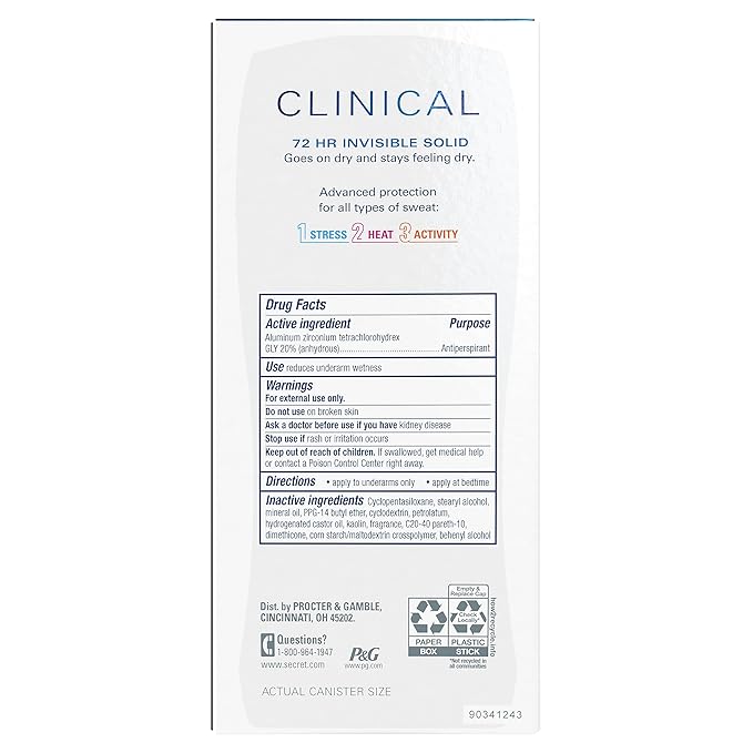 Secret Clinical Strength Antiperspirant Deodorant for Women, Stress Response, 3X Stress Protection, 72hr Sweat & Odor Protection, PH Balancing Minerals, Invisible Solid, 2.6 oz (Pack of 2)