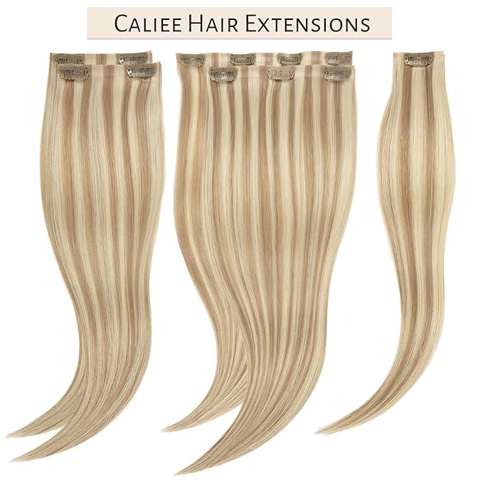 Caliee Clip in Hair Extensions Real Human Hair 18 Inch Invisible Ultra-Thin PU Skin Weft P8-60A Light Brown with Platinum Blonde Comfortable Straight Human Hair Clip in Extensions