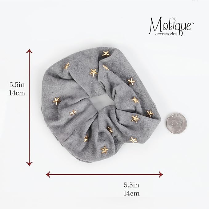 Large Suede Scrunchie with Hearts and Stars (Grey Gold Stars)